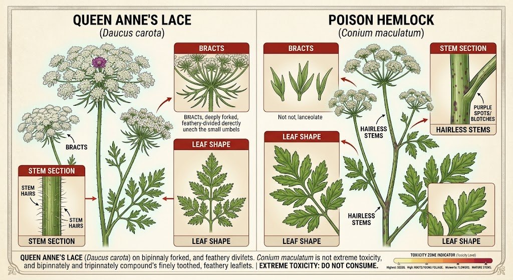 Side-by-side comparison of Queen Anne's Lace (Daucus carota) and poison hemlock (Conium maculatum) highlighting stem hairs, bracts, and leaf shape differences